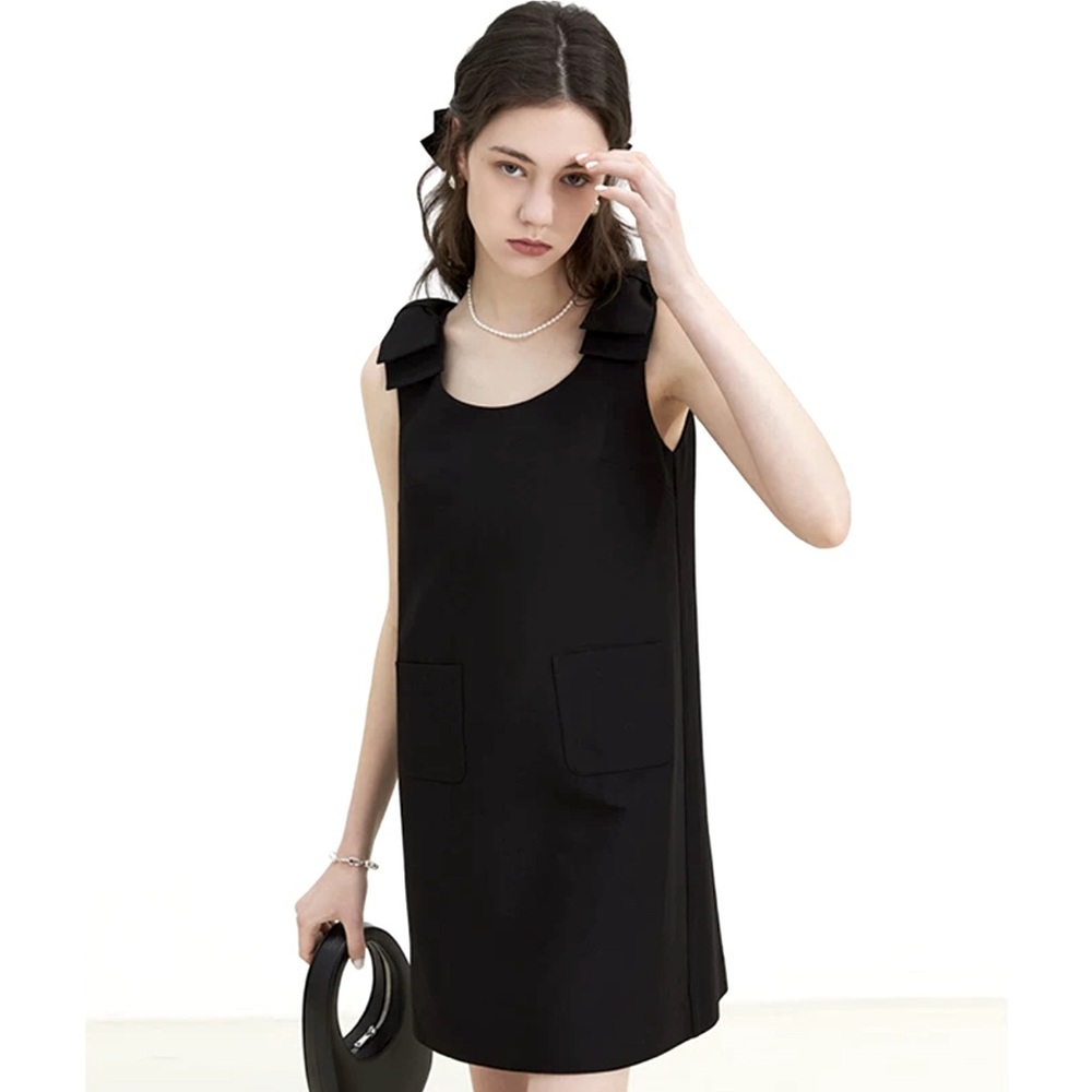 NWT Fano Studios Black Bow Tie Shoulder Dress- Small